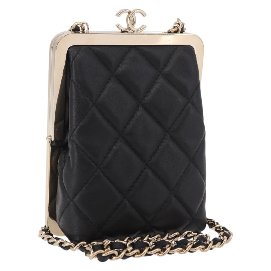 Chanel Matelasse Lamb Skin Shoulder Bag Black Gold Tone CC: Chanel Matelasse Lamb Skin Shoulder Bag Black Gold Tone CC A CHANEL Matelasse chain shoulder bag in black with gold-tone accents, crafted from lamb skin. It features a shoulder bag style and comes wit