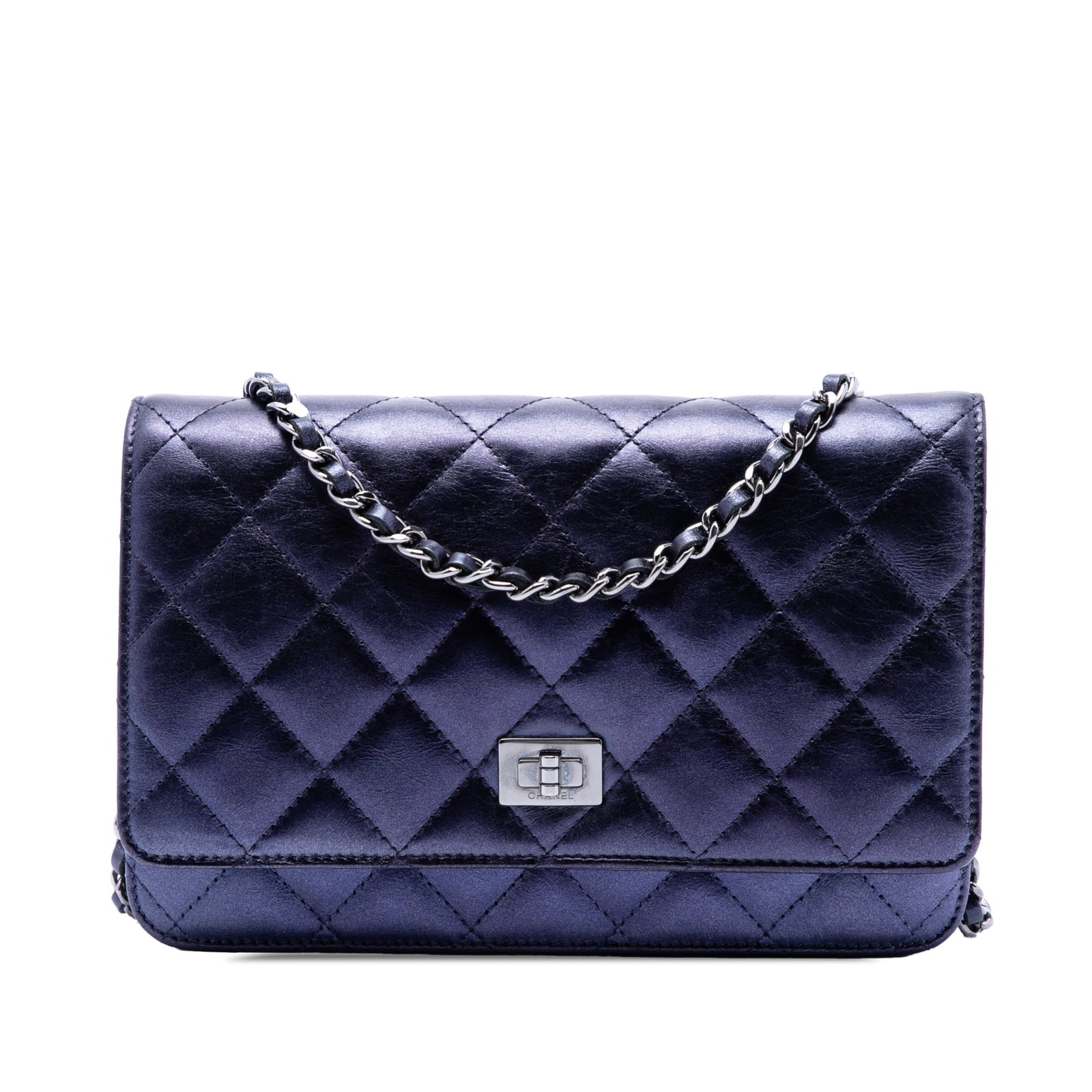 Chanel Reissue 2.55 Wallet on Chain Blue Quilted Aged Calfskin: Chanel Reissue 2.55 Wallet on Chain Blue Quilted Aged Calfskin Chanel Reissue 2.55 wallet on chain in quilted shiny aged calfskin leather, featuring a leather-woven chain link strap, front single flap