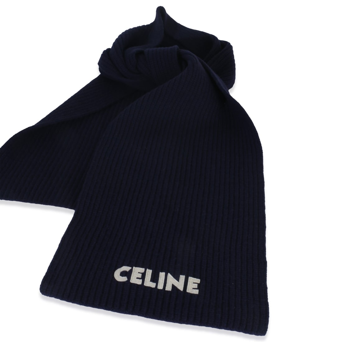 Navy Wool Ribbed Scarf with Logo Applique by Celine (1 of 3)