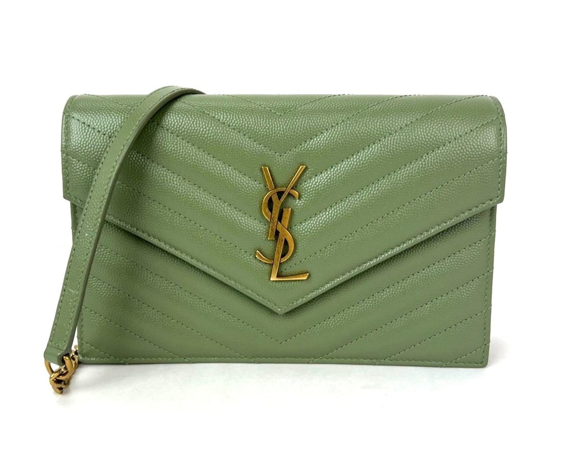 YSL Envelope Small Green Leather Shoulder Bag with Gold Chain Strap: YSL Envelope Small Green Leather Shoulder Bag with Gold Chain Strap This Saint Laurent Envelope chain bag features a rectangular silhouette crafted from green coated leather. The bag is accented with 