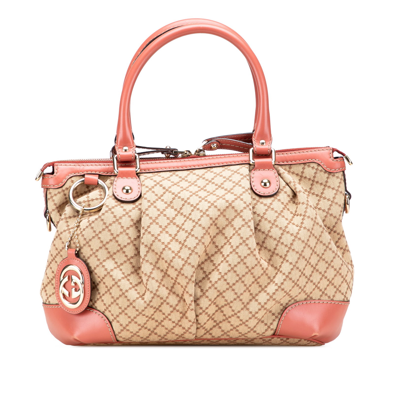 Gucci Diamante Canvas Sukey Satchel Brown Fabric Bag: Gucci Diamante Canvas Sukey Satchel Brown Fabric Bag The Gucci Diamante Canvas Sukey Satchel is a chic and stylish bag crafted from durable canvas with leather trim. It features rolled leather handles