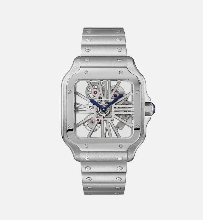 Santos Skeleton Watch by Cartier Reference 4109 with Original Papers: Santos Skeleton Watch by Cartier Reference 4109 with Original Papers The Cartier Santos Skeleton features a 40mm stainless steel case with a skeleton dial. This luxury timepiece is in excellent condit