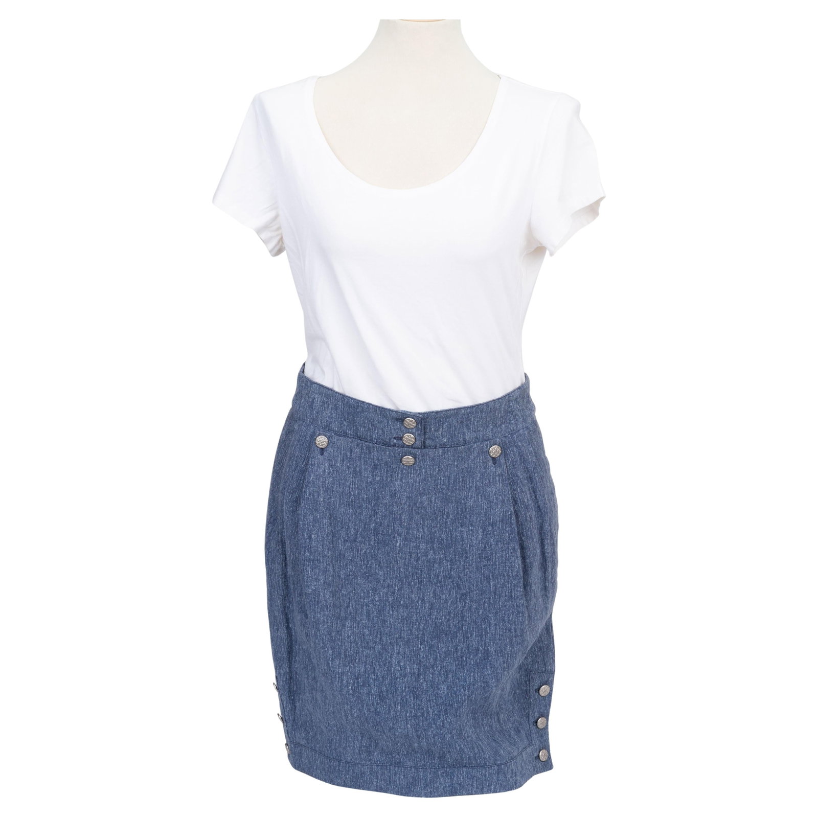 Chanel Light Blue Linen Denim Skirt with Silver CC Buttons Size Medium (1 of 6)