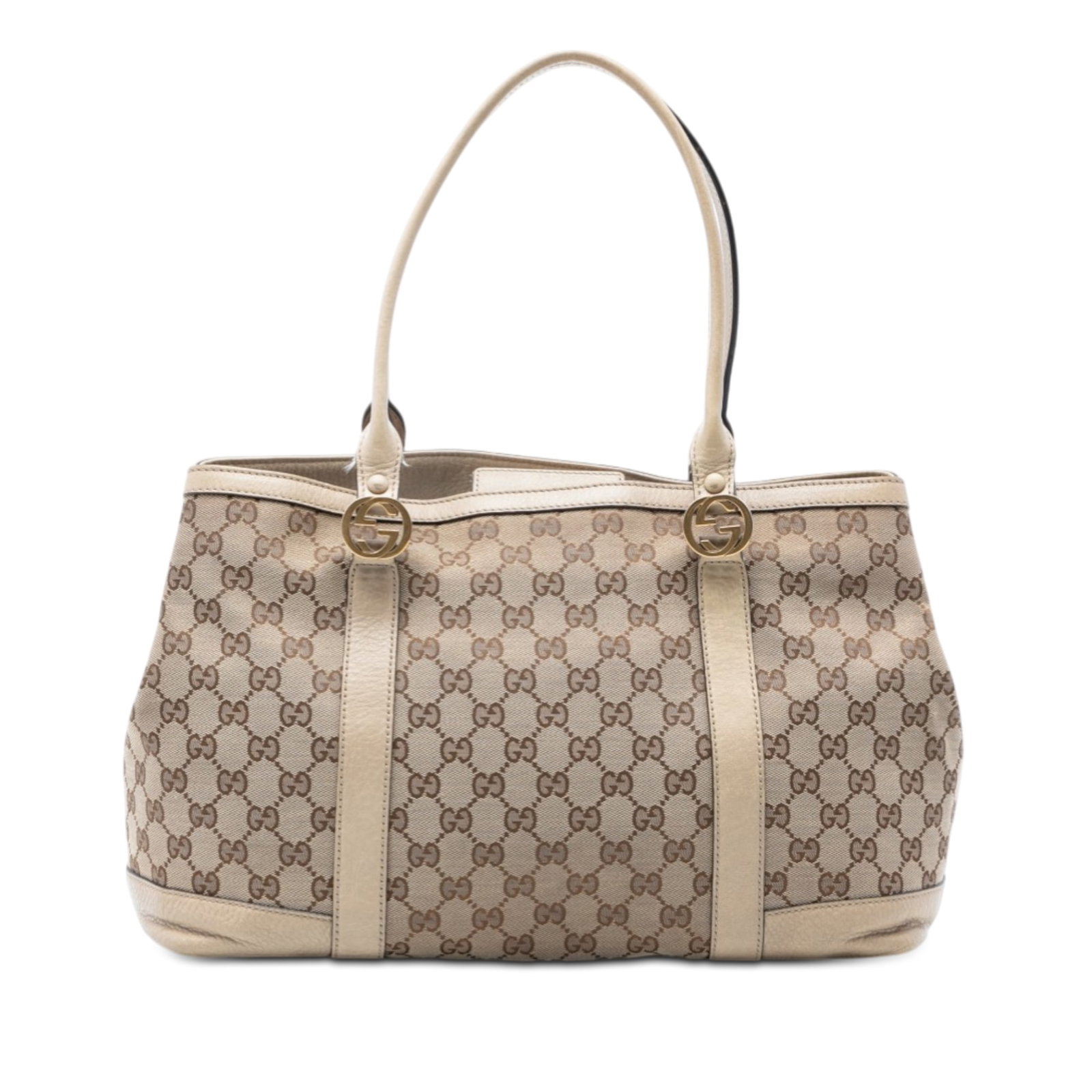 Gucci beige canvas tote bag Miss GG leather trim: Gucci beige canvas tote bag Miss GG leather trim This Gucci GG Canvas Miss GG Tote features a beige canvas body with leather trim and rolled leather handles. The bag has an open top secured with a mag