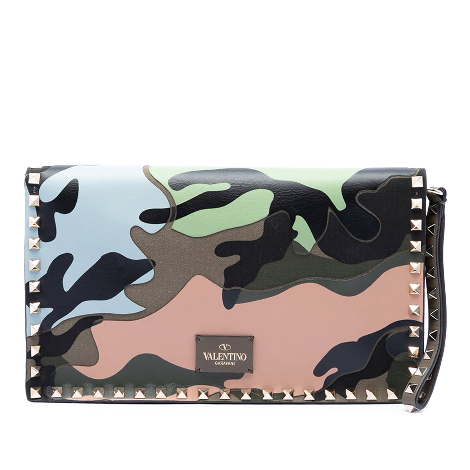 Valentino Rockstud Camouflage Wristlet Clutch in Canvas and Nappa: Valentino Rockstud Camouflage Wristlet Clutch in Canvas and Nappa Valentino Canvas and Nappa Camouflage Rockstud Wristlet Clutch crafted with a canvas and nappa leather body, metal studs, and a studde