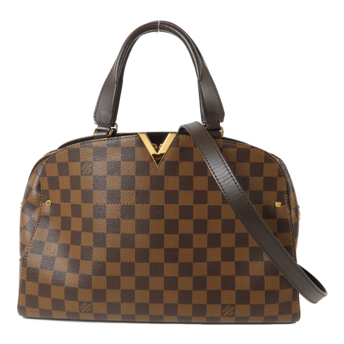 Louis Vuitton Kensington Bowling 2 Way Bag Damier Brown N41505: Louis Vuitton Kensington Bowling 2 Way Bag Damier Brown N41505 The Kensington Bowling 2 Way Shoulder Bag is presented in brown Damier x PVC coated canvas with gold hardware. It features a two-way desi