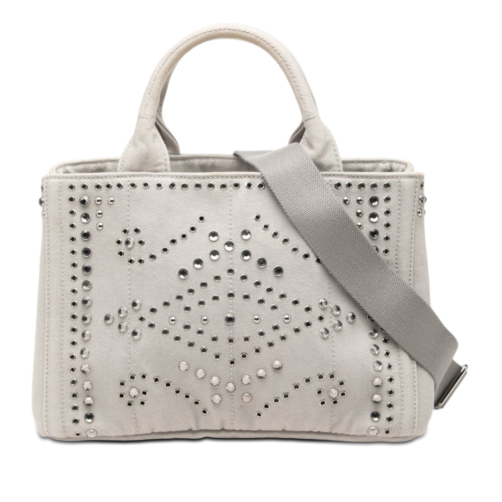 Prada Canapa Bijoux Grommet Denim Satchel with Strap: Prada Canapa Bijoux Grommet Denim Satchel with Strap Prada Small Denim Canapa Bijoux and Grommet Satchel in gray fabric with a studded denim body and grommet detailing. This satchel features rolled to