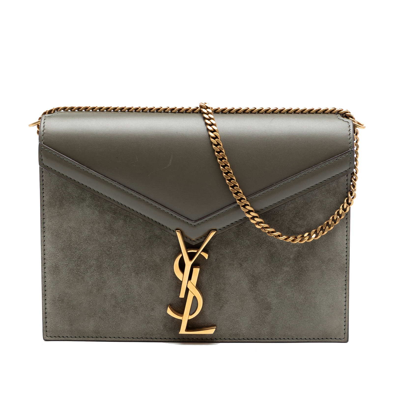 Saint Laurent Cassandra Monogram Shoulder Bag in Suede and Calfskin: Saint Laurent Cassandra Monogram Shoulder Bag in Suede and Calfskin This Saint Laurent Cassandra clasp bag features a suede and calfskin body in brown, paired with a gold-tone chain link strap. It has
