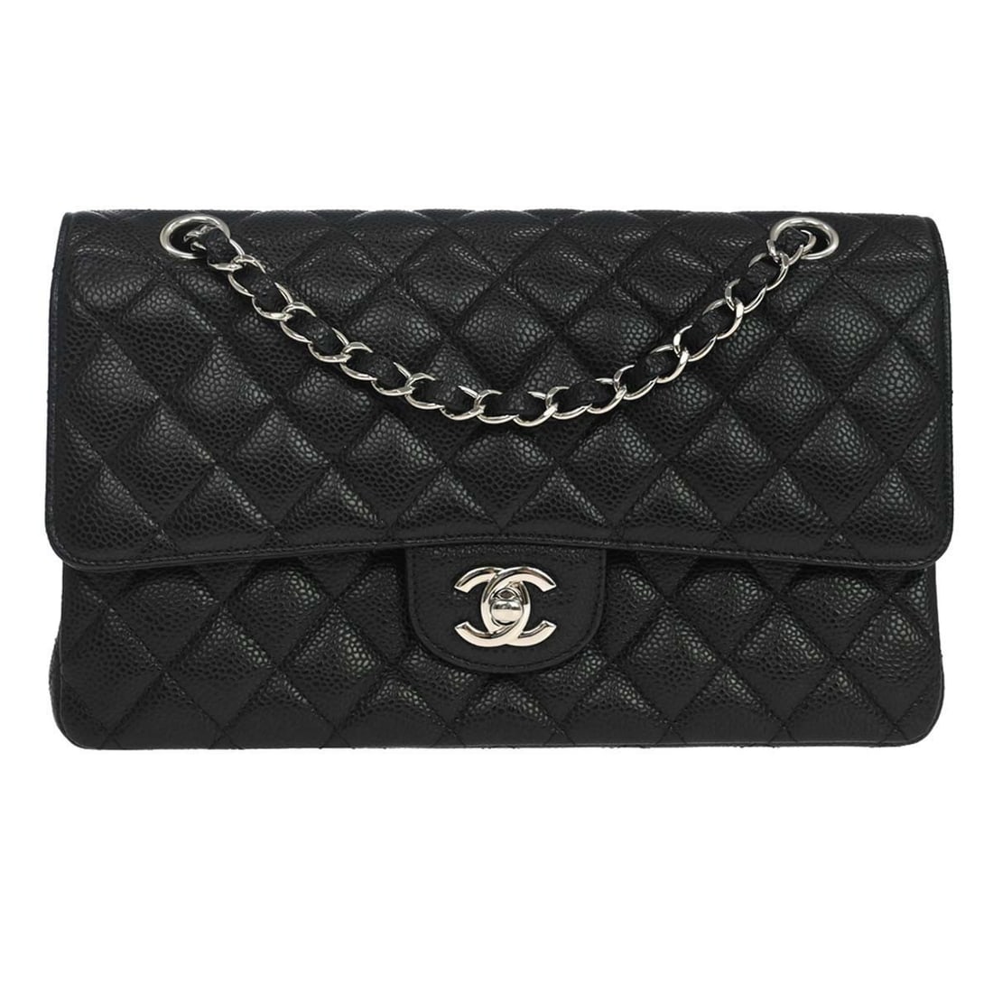 CHANEL Classic Double Flap Medium Black Calfskin Shoulder Bag: CHANEL Classic Double Flap Medium Black Calfskin Shoulder Bag Chanel Medium Classic Double Flap shoulder bag in black caviar skin leather with a turn-lock closure and shoulder strap. This women's bag 
