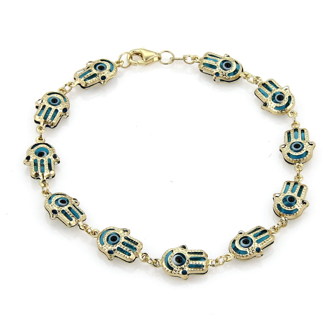 14k Yellow Gold Evil Eye Hamsa Link Bracelet 7.25 in: 14k Yellow Gold Evil Eye Hamsa Link Bracelet 7.25 in This vintage estate-style bracelet features alternating blue evil eye and Hamsa hand links in a refined 14k yellow gold design. It is unbranded, cr
