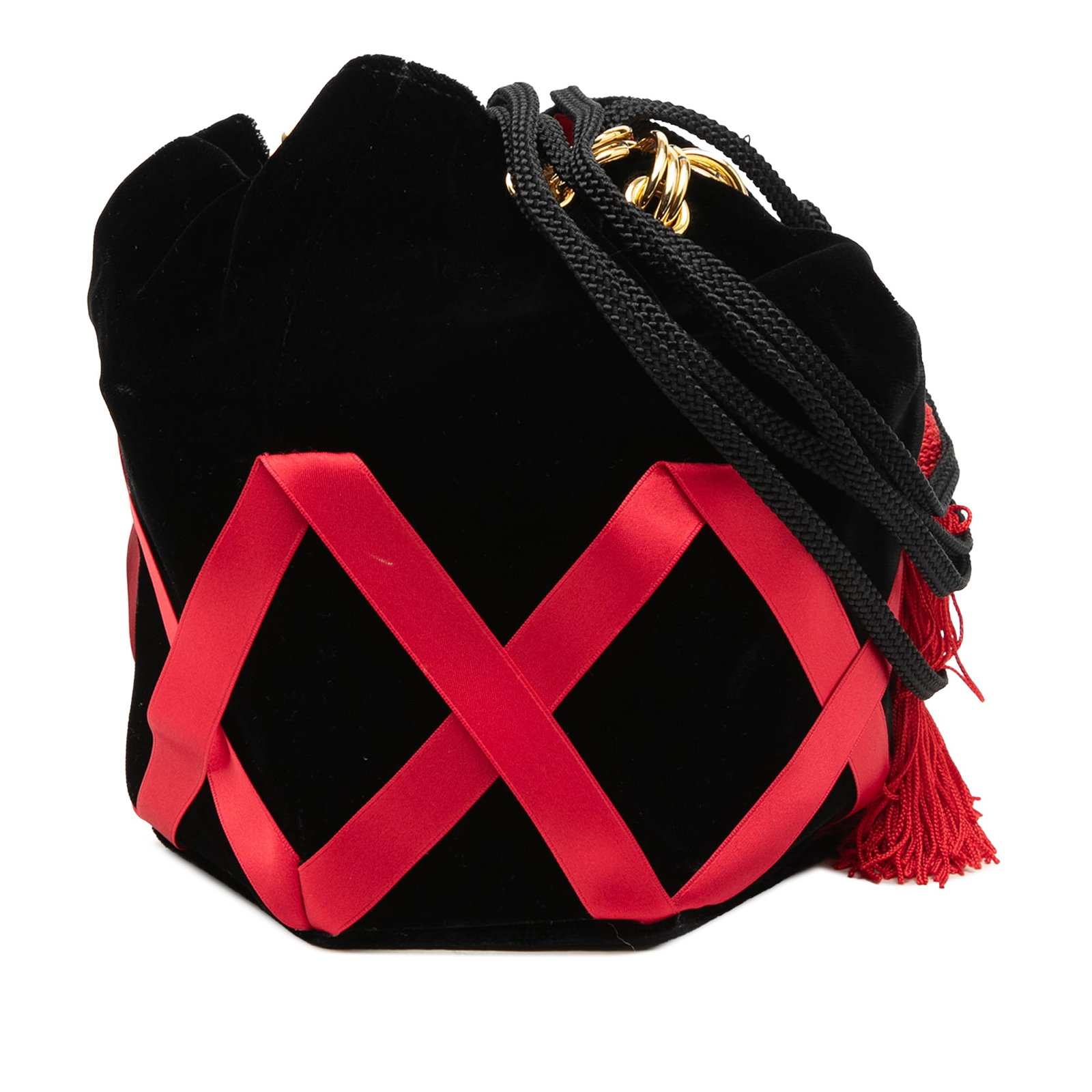 Black velvet bucket bag with tassels by Saint Laurent: Black velvet bucket bag with tassels by Saint Laurent Saint Laurent bucket bag crafted in black velvet with tassel details, flat straps, and an open top with drawstring closure. Made in Italy, this ba