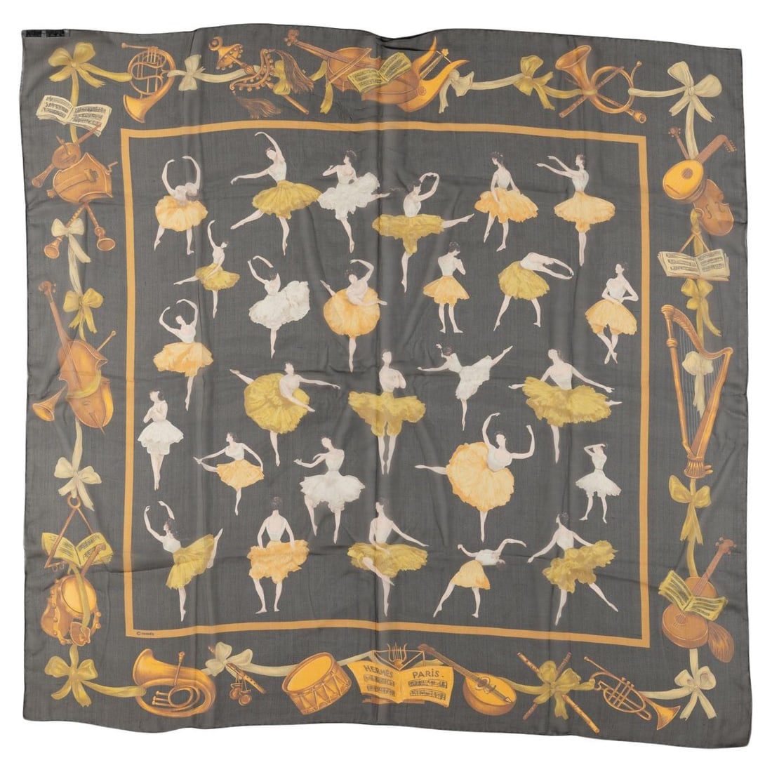 Hermes La Danse Silk Chiffon Scarf 36in Rare Ballerinas: Hermes La Danse Silk Chiffon Scarf 36in Rare Ballerinas Introducing the exquisite Hermes "La Danse" Silk Chiffon Scarf, a stunning piece designed by Jean Louis Clerc in 1961. This scarf showcases a de