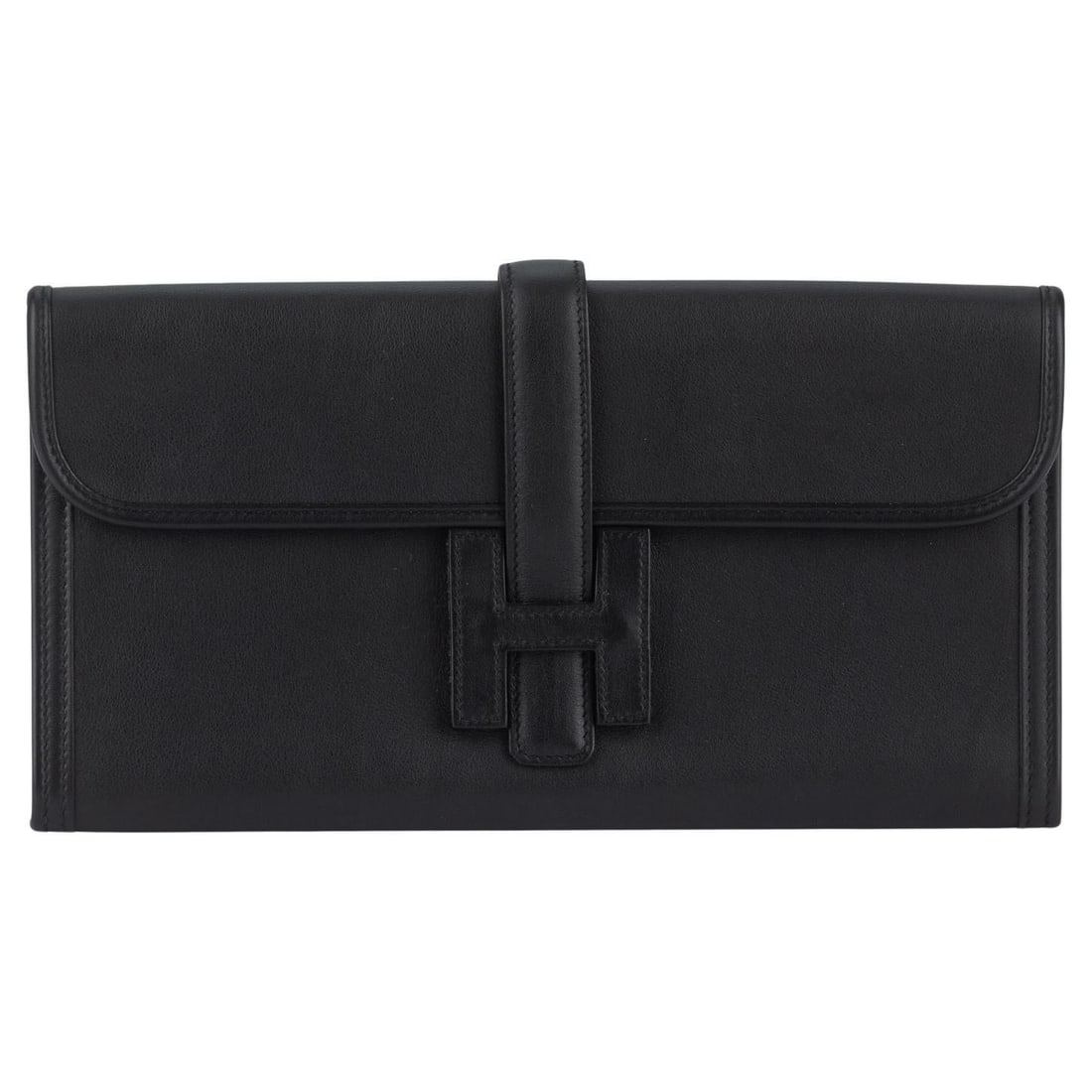 Hermes Jige Elan Black Swift Calfskin Clutch with Dust Cover: Hermes Jige Elan Black Swift Calfskin Clutch with Dust Cover The Hermes Jige Elan 29 Clutch showcases exquisite craftsmanship and timeless design. Made from luxurious black swift calfskin leather, thi
