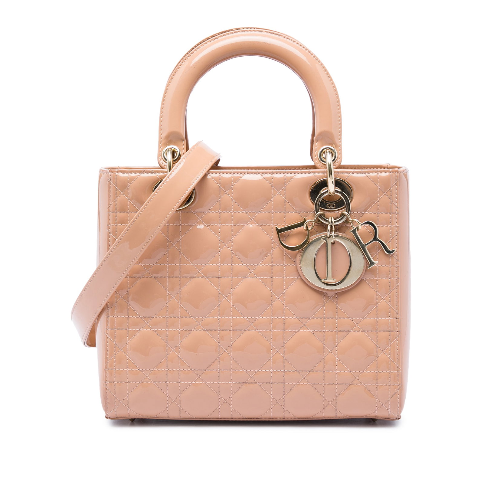 Dior Lady Dior Medium Cannage Patent Leather Handbag Brown: Dior Lady Dior Medium Cannage Patent Leather Handbag Brown This Medium Patent Cannage Lady Dior bag features a patent leather body, flat leather handles, and a detachable, adjustable flat leather stra