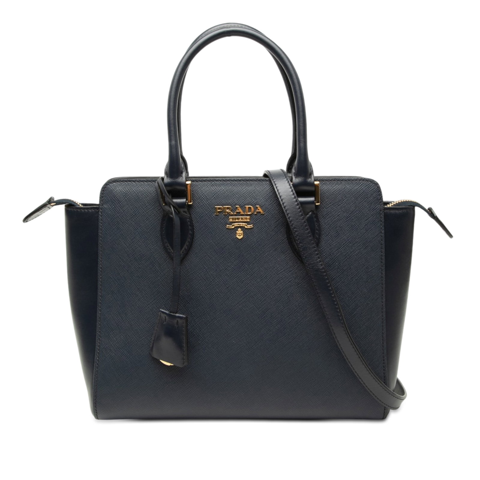 Prada Saffiano Lux Convertible Tote with Soft Calf Trim: Prada Saffiano Lux Convertible Tote with Soft Calf Trim Prada Soft Calf Trimmed Saffiano Lux Open Convertible Tote in black leather, made in Italy. This satchel features a saffiano leather body with s