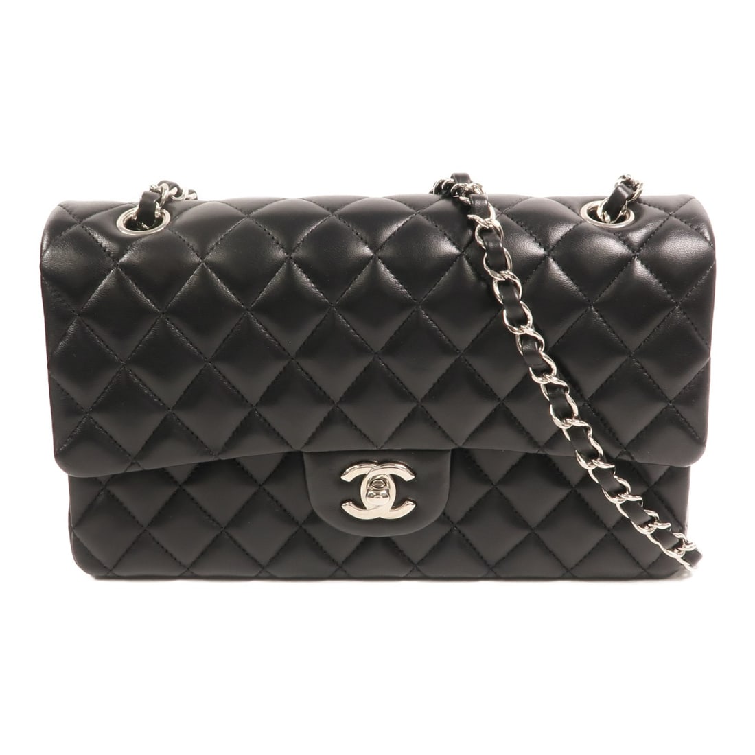CHANEL A01112 Classic 25 Shoulder Bag Black Lambskin SHW: CHANEL A01112 Classic 25 Shoulder Bag Black Lambskin SHW CHANEL Classic 25 Chain Shoulder Bag in black lambskin leather with silver-tone hardware. This shoulder bag is a women's regular-size style mad