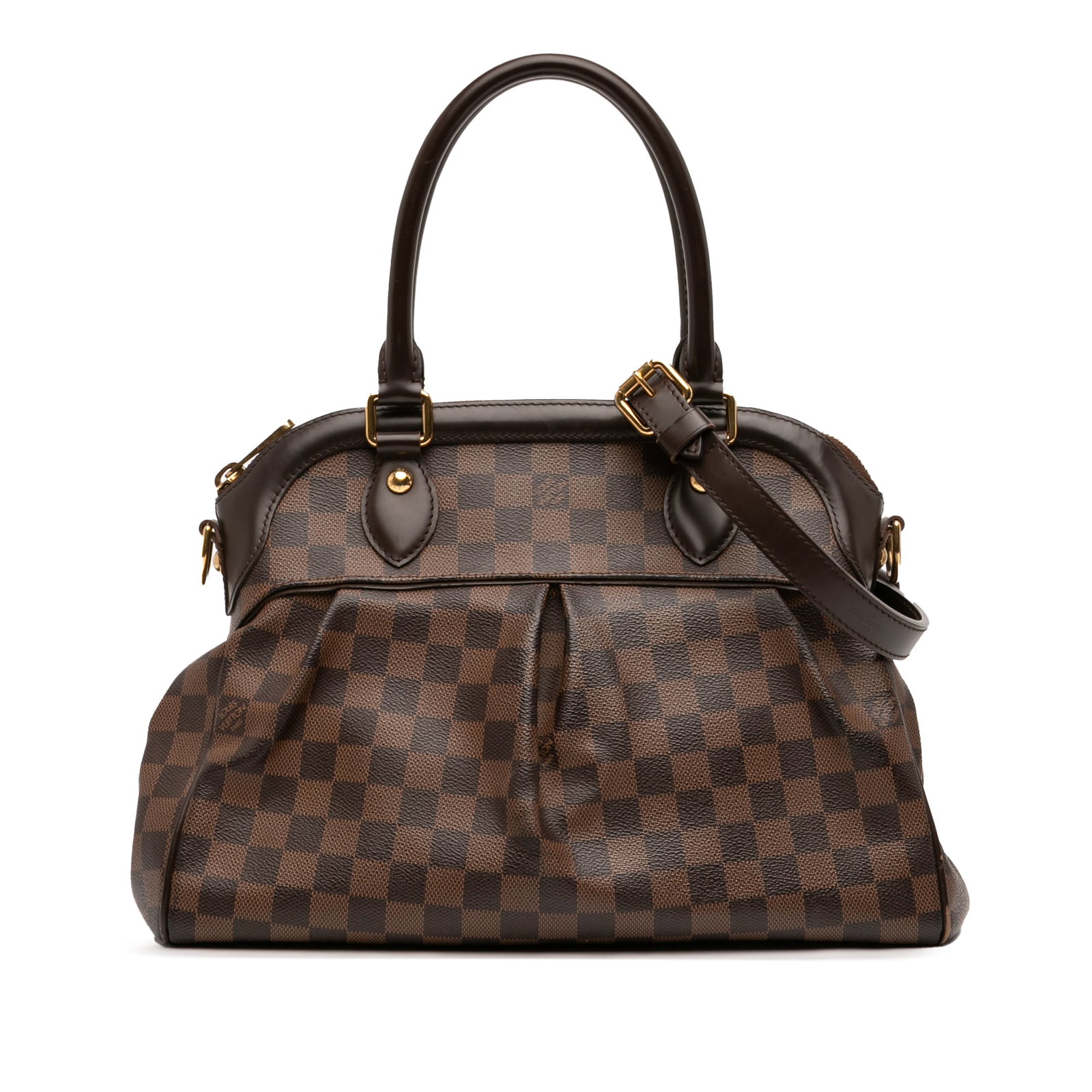 Louis Vuitton Trevi PM Brown Damier Canvas Shoulder Bag with Leather Trim: Louis Vuitton Trevi PM Brown Damier Canvas Shoulder Bag with Leather Trim The Louis Vuitton Damier Ebene Trevi PM features a damier canvas body accented with leather trim, rolled leather handles, and 