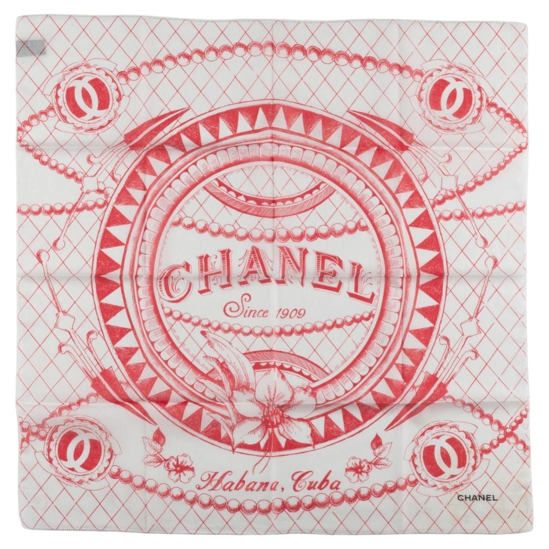 Chanel Havana Cuba White Red Cotton Scarf 23 in (1 of 6)