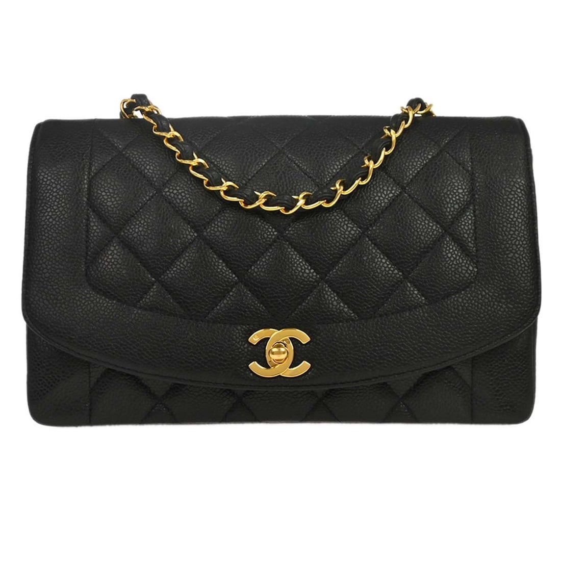 CHANEL Diana Medium Shoulder Bag Black Caviar Skin: CHANEL Diana Medium Shoulder Bag Black Caviar Skin This Chanel Medium Diana Shoulder Bag is crafted in black calfskin and presented in a shoulder bag style with a shoulder strap. It features a canvas 