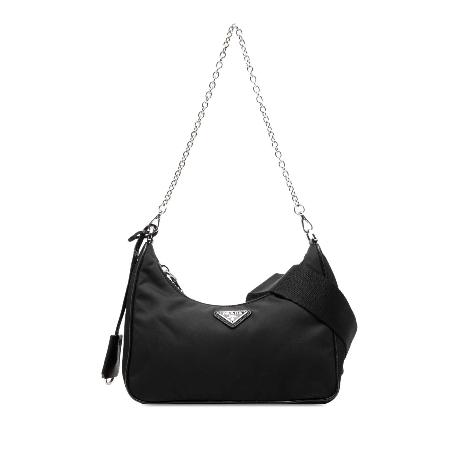 Prada Re Edition 2005 Nylon Satchel with Saffiano Trim: Prada Re Edition 2005 Nylon Satchel with Saffiano Trim Prada Re-Edition 2005 satchel in black with a nylon body and Saffiano trim. This satchel features a chain-link shoulder strap, a detachable flat 