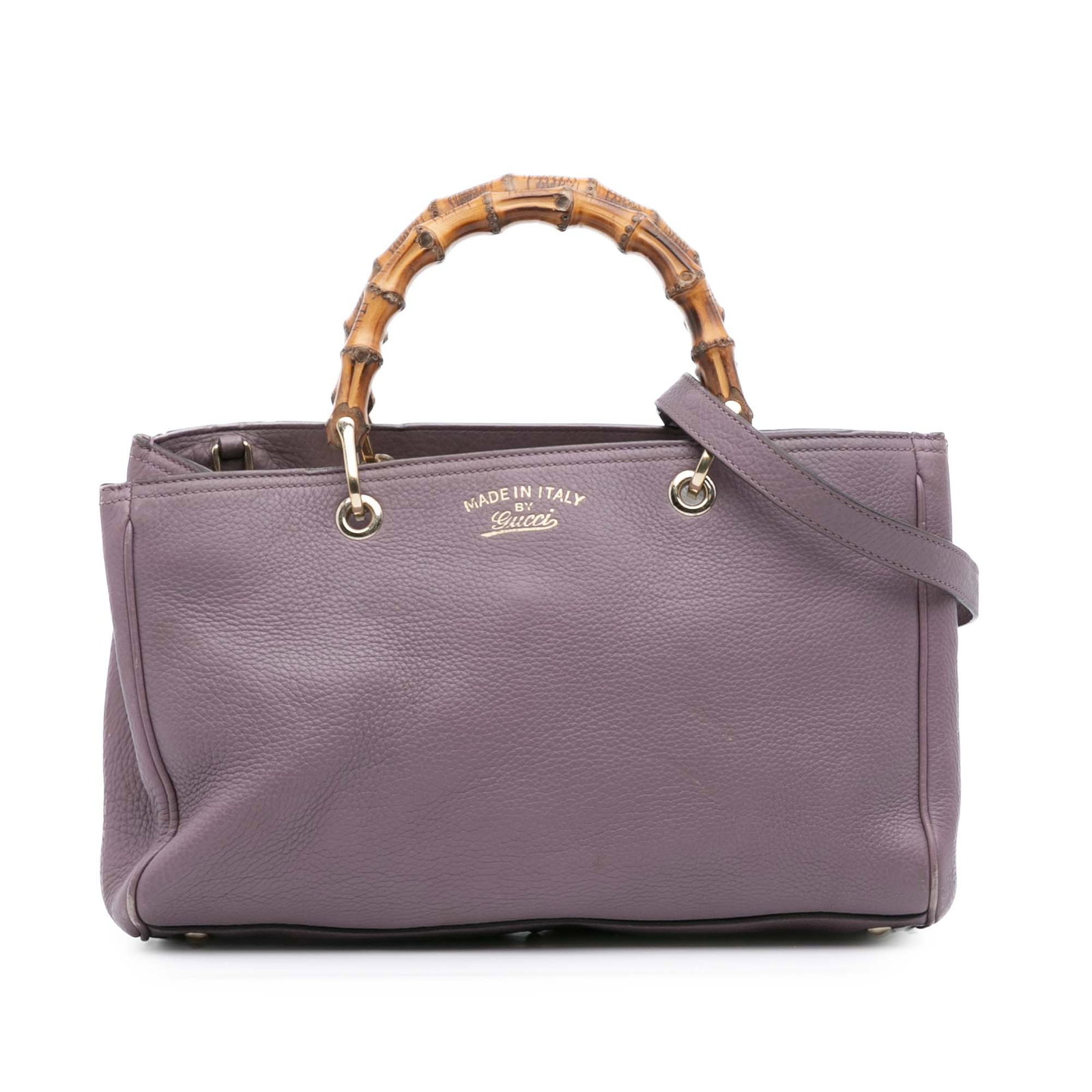 Gucci Purple Medium Calfskin Bamboo Shopper Satchel Italy: Gucci Purple Medium Calfskin Bamboo Shopper Satchel Italy This Gucci Medium Calfskin Bamboo Shopper Satchel is a stylish accessory that showcases a luxurious leather body in a rich purple color. It fe