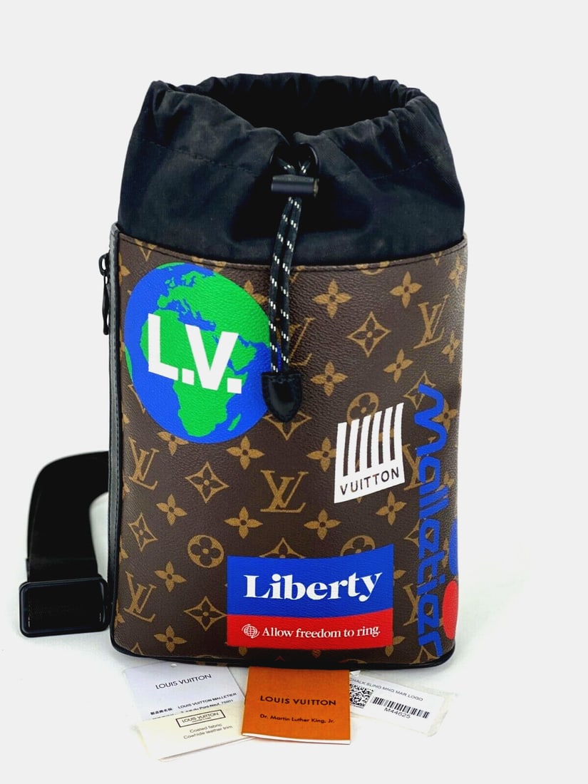 Louis Vuitton Chalk Monogram Canvas Sling Backpack for Men: Louis Vuitton Chalk Monogram Canvas Sling Backpack for Men Pre-owned Louis Vuitton Chalk sling bag in Monogram canvas with a brown exterior and logo accent. Designed for men, this small bag features a