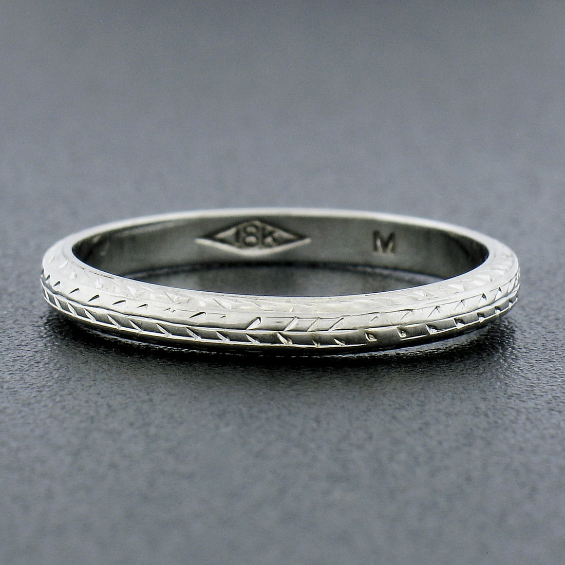 Antique 18K White Gold Engraved Wheat Eternity Stackable Band Ring: Antique 18K White Gold Engraved Wheat Eternity Stackable Band Ring This exquisite Antique 18K White Gold Eternity Stackable Band Ring features a beautifully engraved wheat work design, making it a per