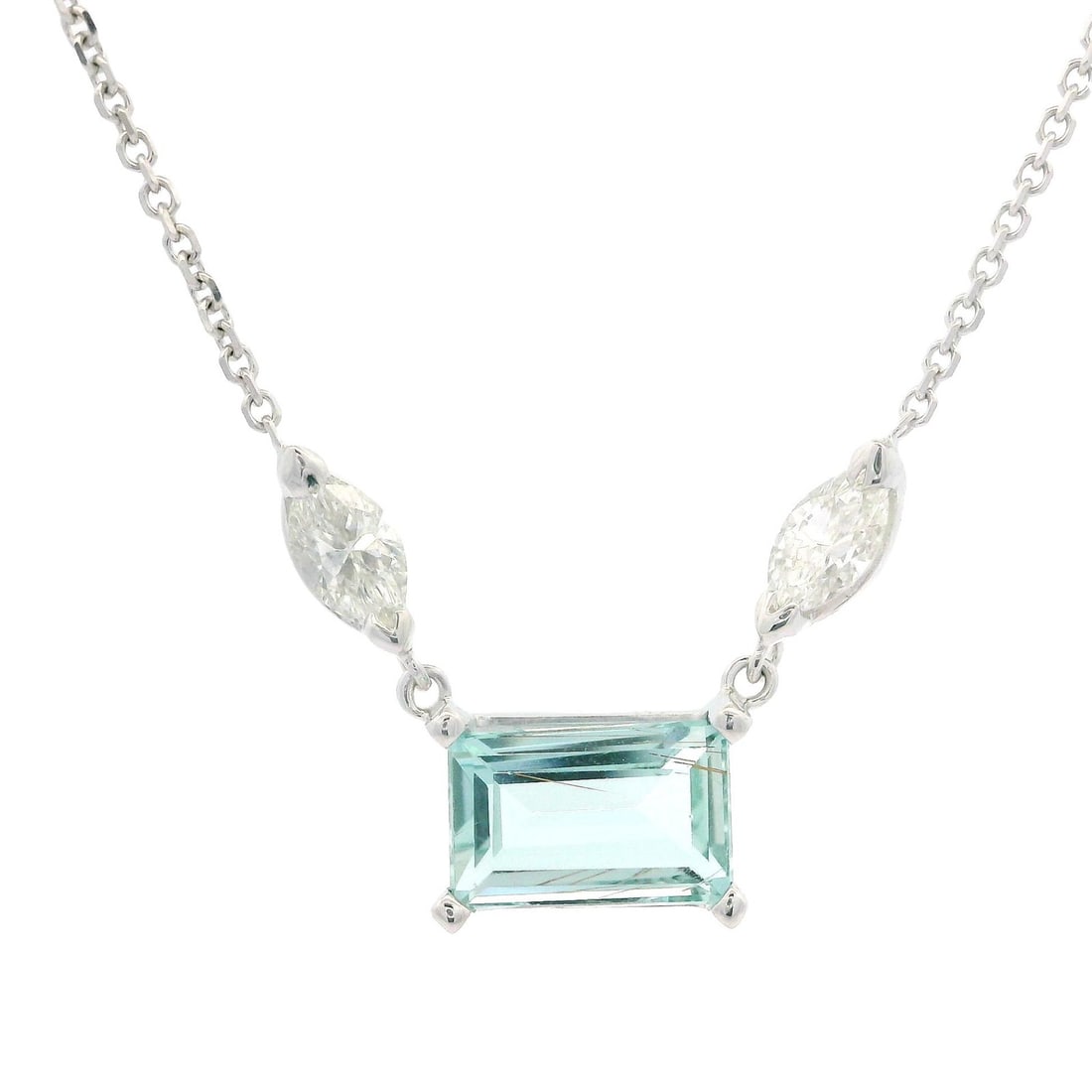 14k White Gold 2.38ct Aquamarine Diamond Pendant Necklace Adjustable Chain: 14k White Gold 2.38ct Aquamarine Diamond Pendant Necklace Adjustable Chain This exquisite necklace features a stunning pendant crafted from 14k white gold, showcasing a beautiful natural aquamarine st