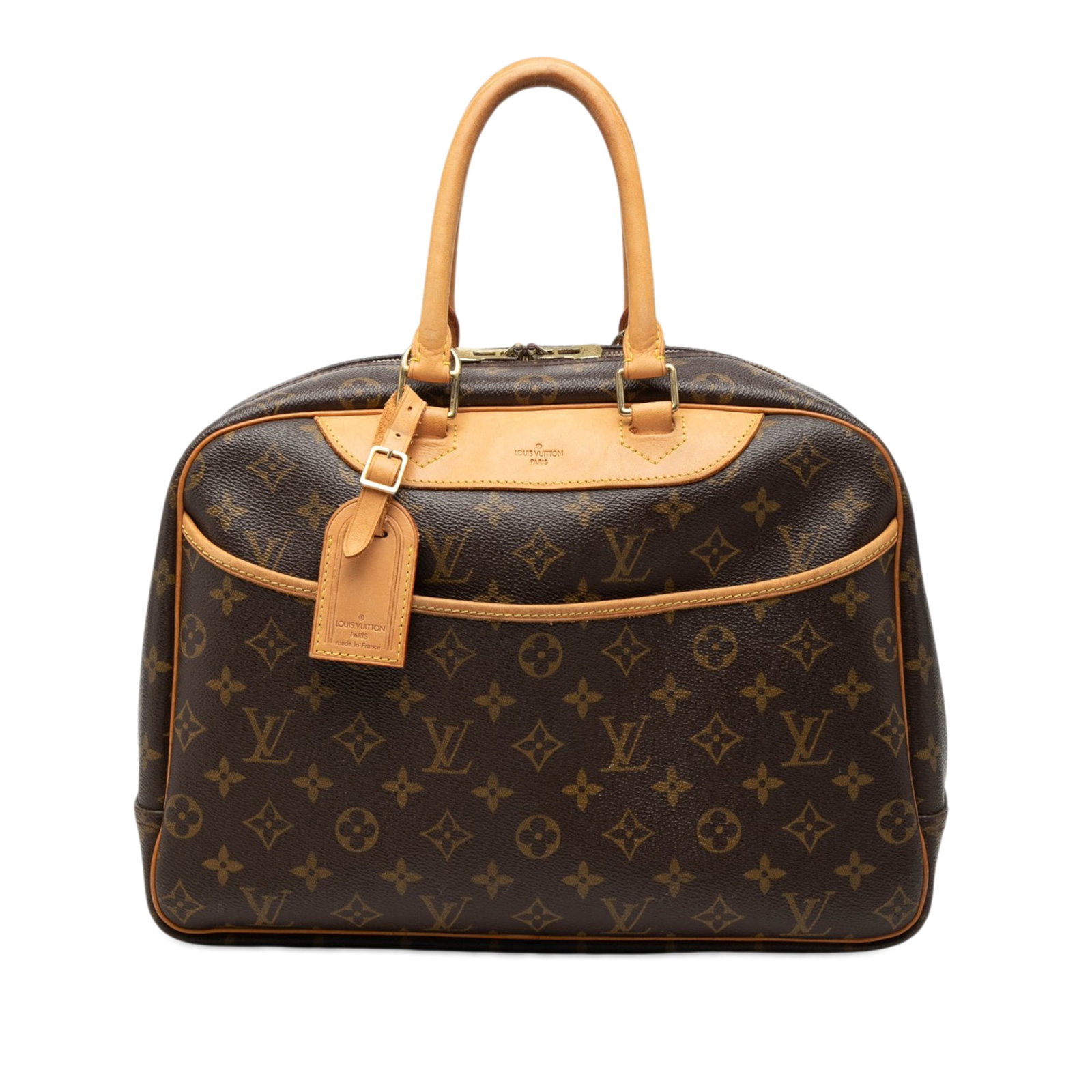 Louis Vuitton Deauville monogram canvas handbag: Louis Vuitton Deauville monogram canvas handbag This Louis Vuitton Monogram Deauville bag features the iconic monogram canvas with vachetta leather trim and rolled vachetta leather handles. It is desi