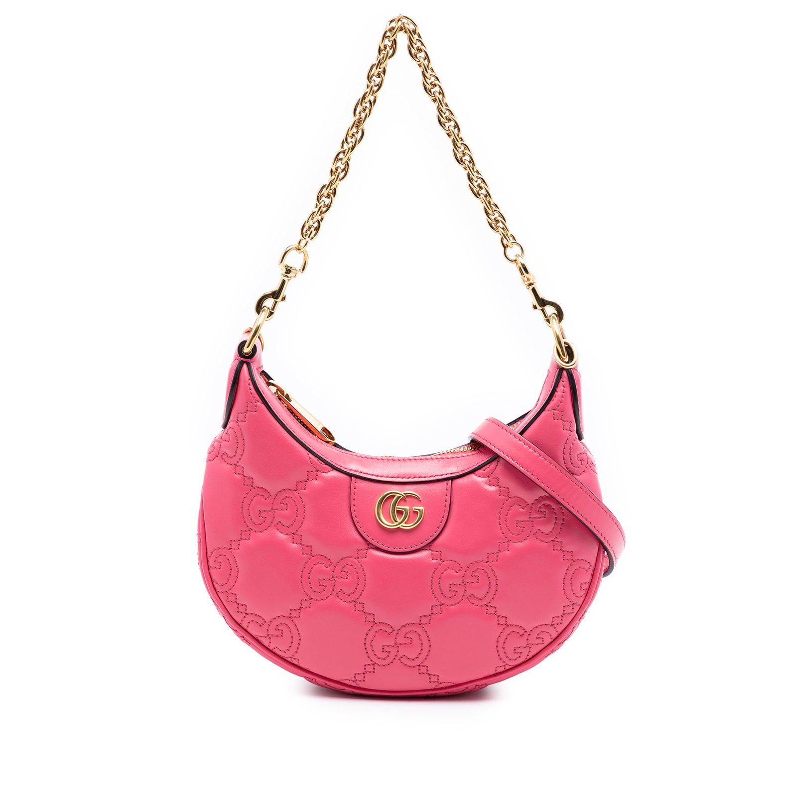 Gucci Mini GG Marmont Pink Leather Satchel: Gucci Mini GG Marmont Pink Leather Satchel This Gucci Mini GG Marmont Matelasse Calfskin Satchel is crafted from pink leather and features a chain link handle, a detachable flat leather strap, a top z
