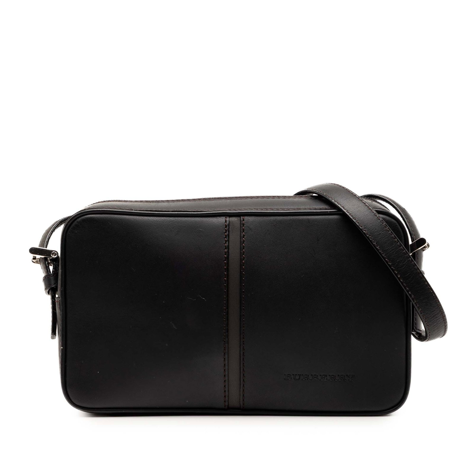 Burberry Brown Leather Adjustable Strap Crossbody Bag: Burberry Brown Leather Adjustable Strap Crossbody Bag This Burberry crossbody bag features a brown leather body, an adjustable flat leather strap, a top zip closure, and both interior zip and slip poc