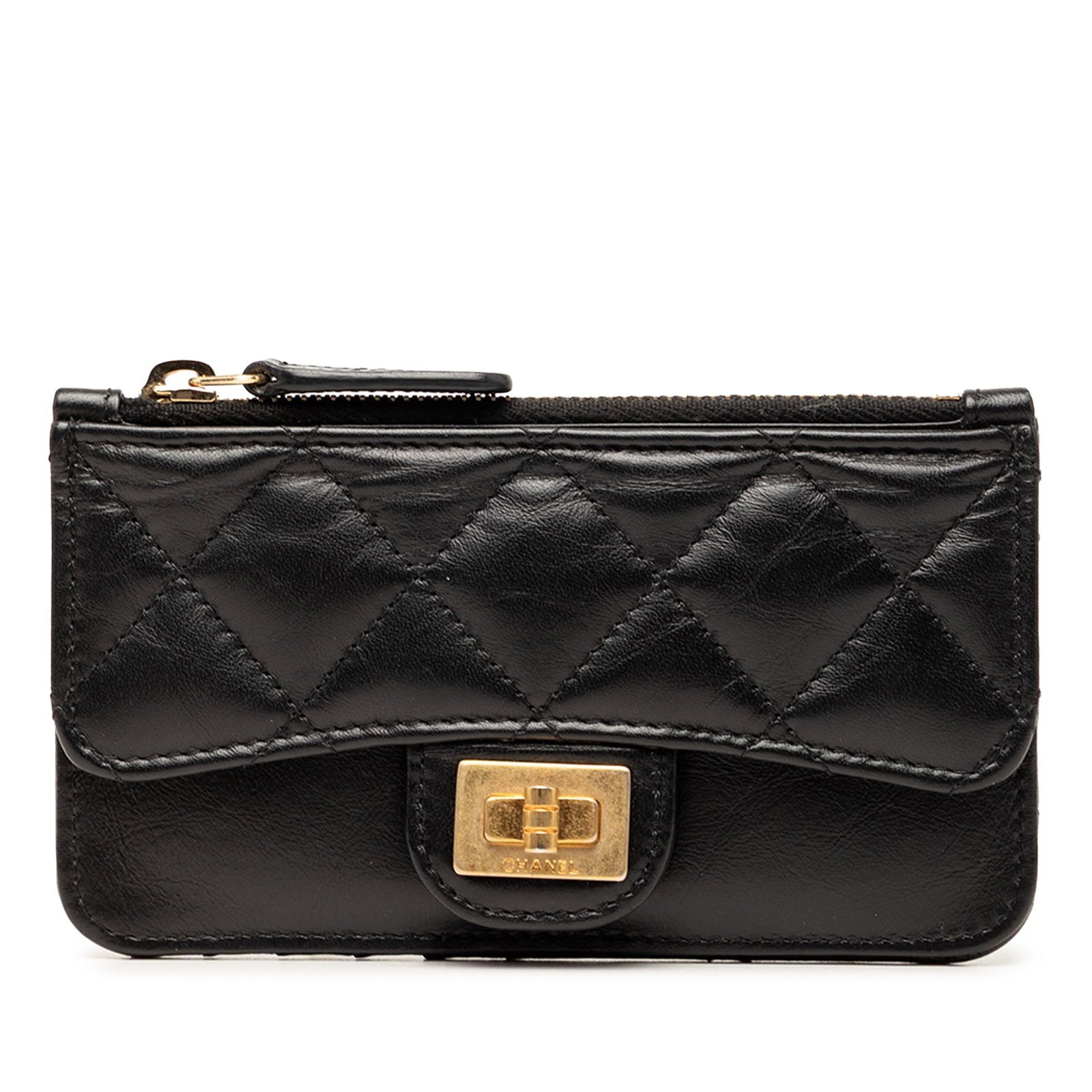Chanel Reissue 2.55 Flap Card Holder in Quilted Aged Calfskin: Chanel Reissue 2.55 Flap Card Holder in Quilted Aged Calfskin Chanel Quilted Aged Calfskin Reissue 2.55 Flap Card Holder in black leather. This compact small leather good features a front flap pocket 