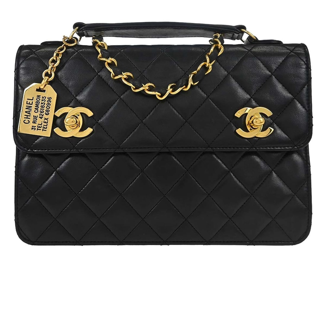 CHANEL CC Medium 2way Top Handle Bag Black Lambskin: CHANEL CC Medium 2way Top Handle Bag Black Lambskin Chanel 2way handbag in black lambskin with a top handle silhouette, logo accents, and a non-adjustable strap. Made in France, this medium bag featur