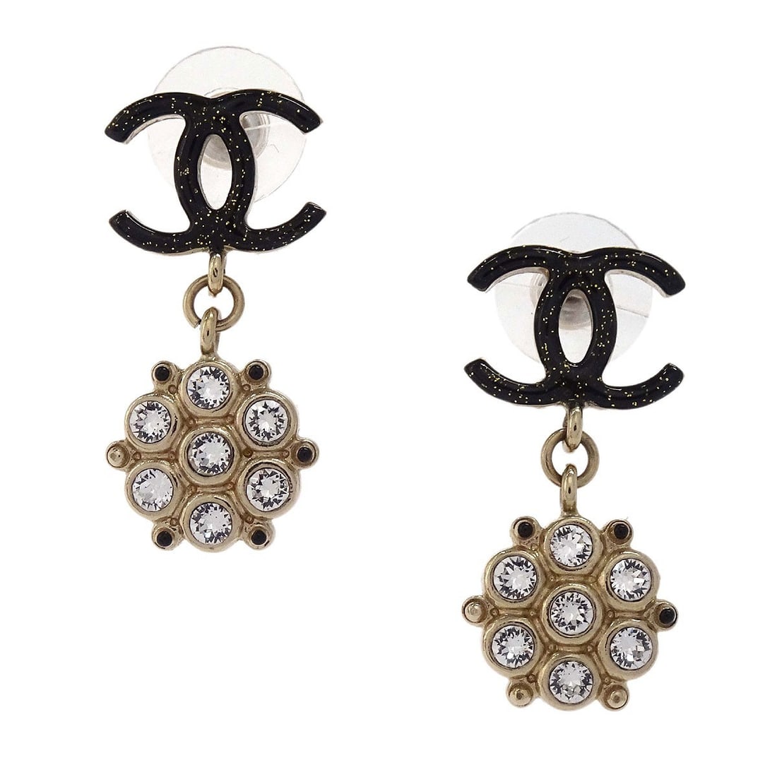 CHANEL B19B CC Dangle Earrings Gold Plated Black Rhinestone: CHANEL B19B CC Dangle Earrings Gold Plated Black Rhinestone Chanel CC dangle pierced earrings in gold plated metal with black accents and rhinestones. This pair features a screw back pierced closure a