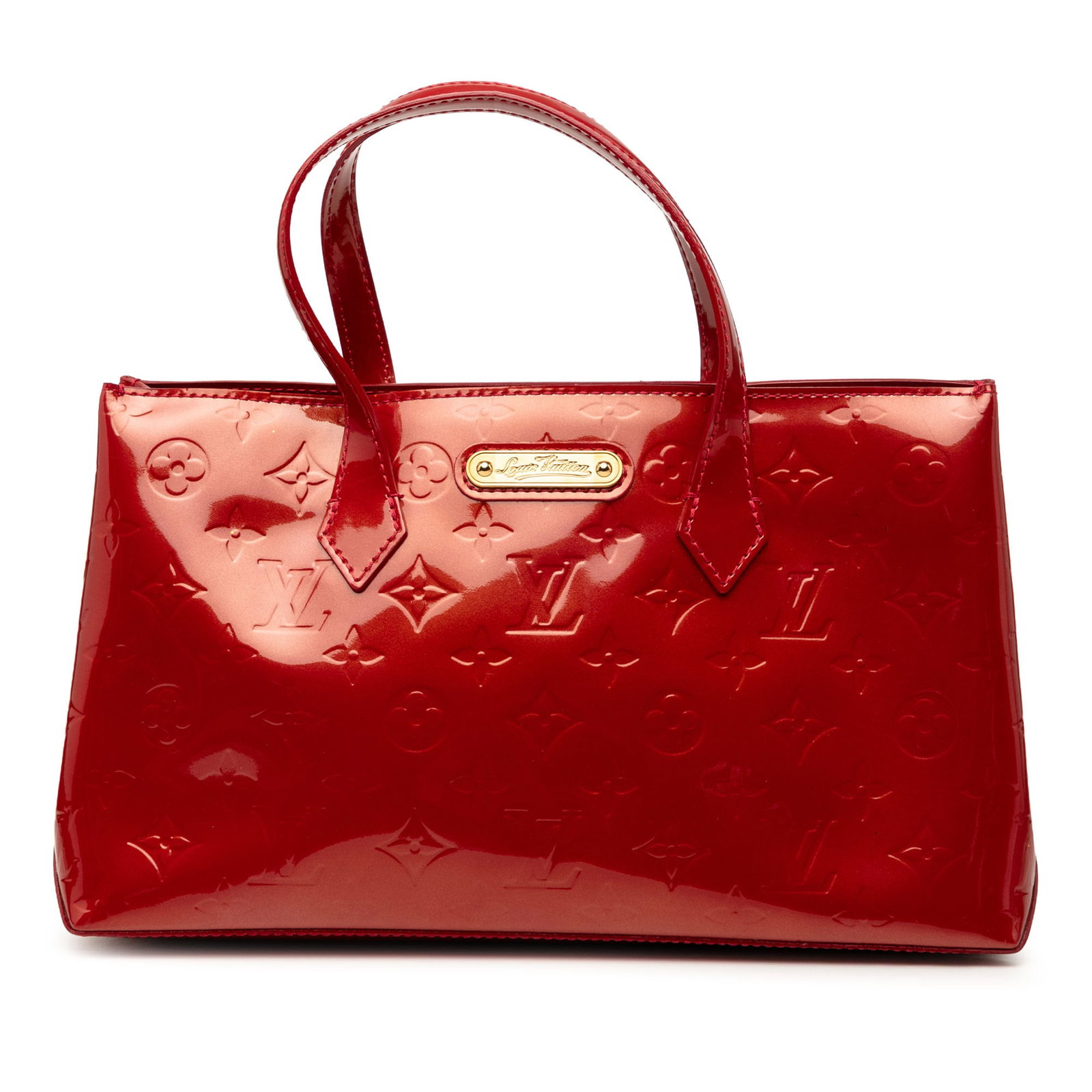 Louis Vuitton Wilshire PM Monogram Vernis Leather Handbag: Louis Vuitton Wilshire PM Monogram Vernis Leather Handbag This Louis Vuitton Monogram Vernis Wilshire PM handbag is crafted in red leather with flat leather handles, an open top, a lobster claw clasp 