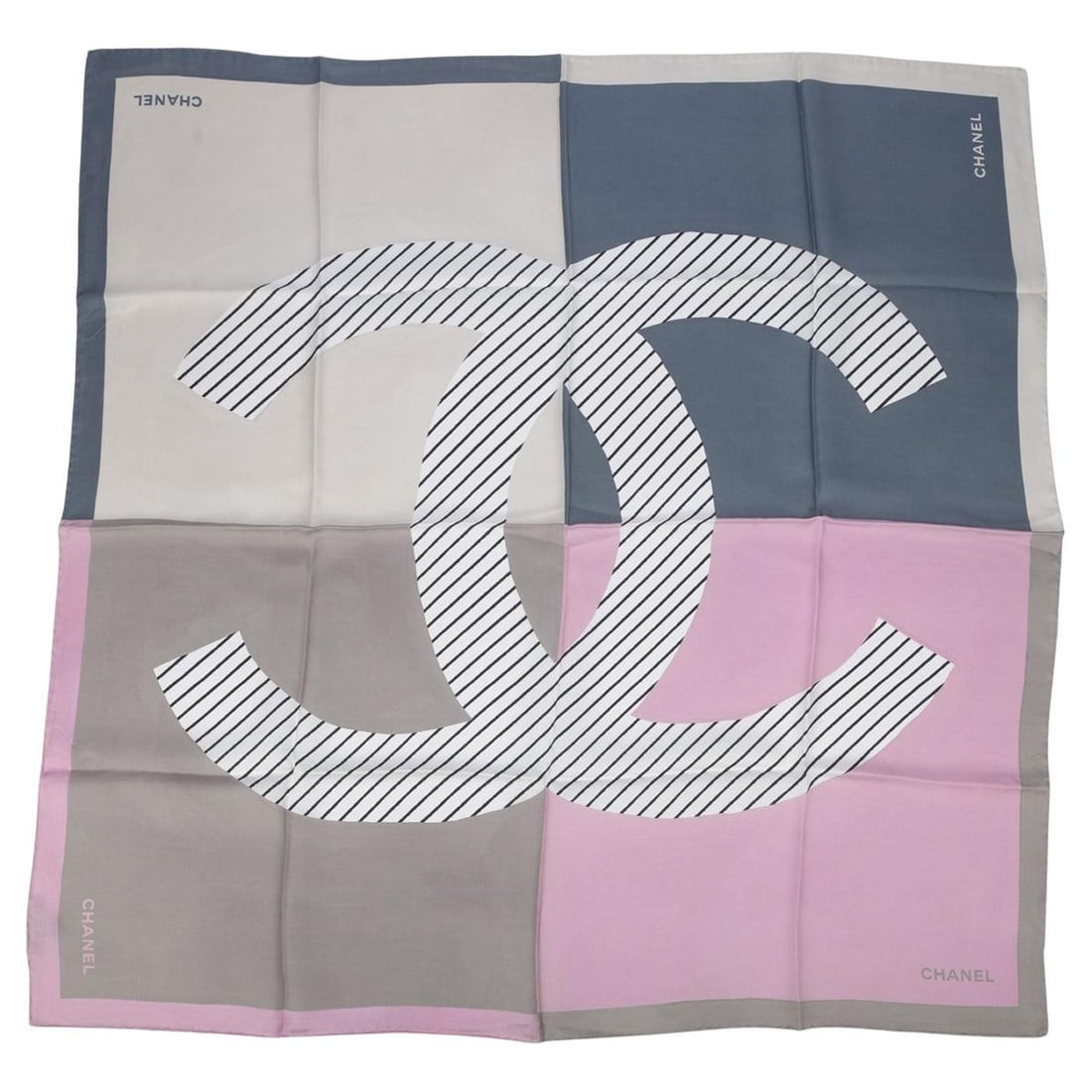 Chanel Taupe Silk Scarf with CC Center Logo: Chanel Taupe Silk Scarf with CC Center Logo This un-used Chanel silk scarf features a CC center logo design in a sophisticated taupe, pink, and celeste color palette. The scarf is finished with hand-r