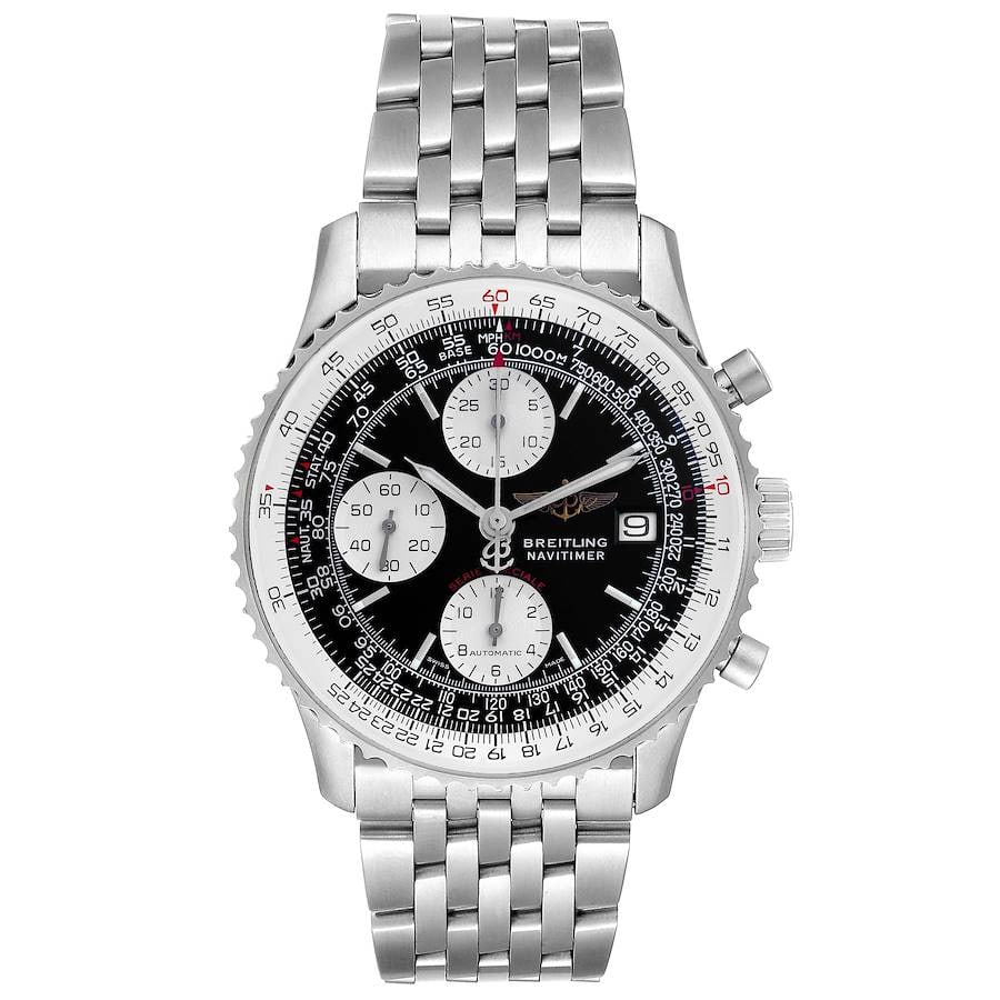Breitling Navitimer Fighter A13330 Black Dial Steel Bracelet Card 2001: Breitling Navitimer Fighter A13330 Black Dial Steel Bracelet Card 2001 This Breitling Navitimer Fighter features a black dial and a rotating bezel, paired with a stainless steel bracelet. The watch is