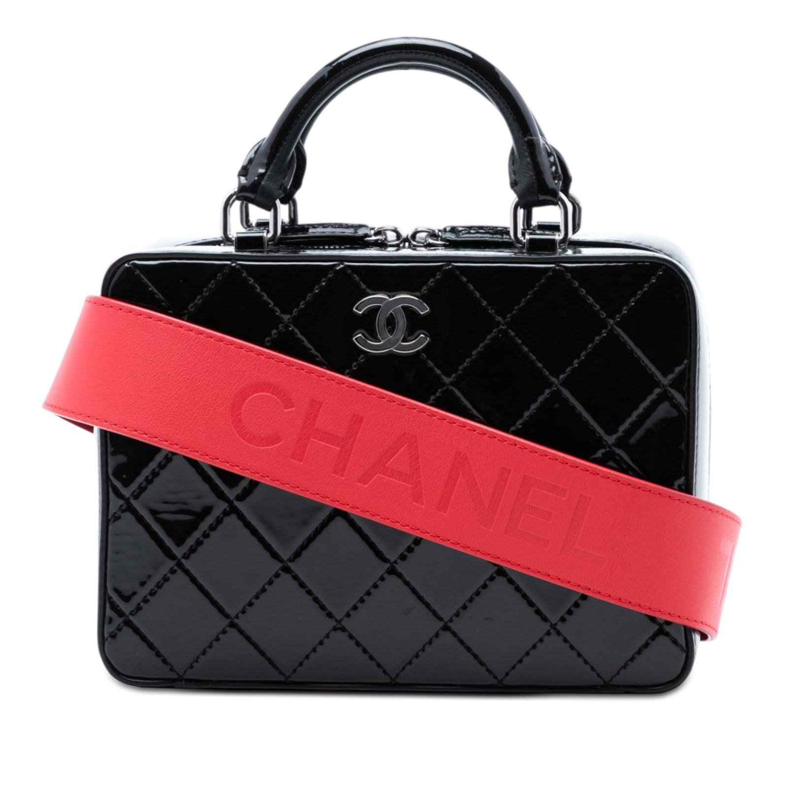 Chanel black quilted patent leather vanity case with strap (1 of 7)