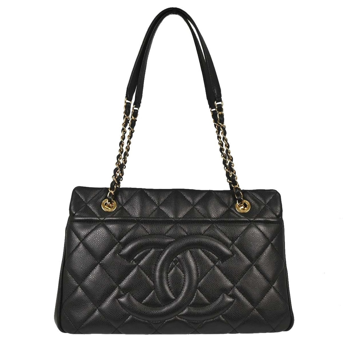 CHANEL Timeless CC Medium Chain Tote in Black Caviar Leather: CHANEL Timeless CC Medium Chain Tote in Black Caviar Leather Chanel Timeless CC Chain Tote Bag in black caviar skin leather, made in Italy. This medium tote features double handles, inner pockets, and