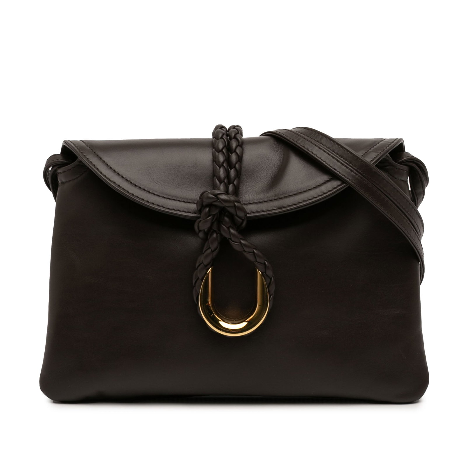 Bottega Veneta Liberta Brown Leather Crossbody Bag: Bottega Veneta Liberta Brown Leather Crossbody Bag Bottega Veneta Baby Calfskin Liberta Crossbody bag in brown leather, made in Italy. It features a flat strap, a front flap with a gold-tone U metal c