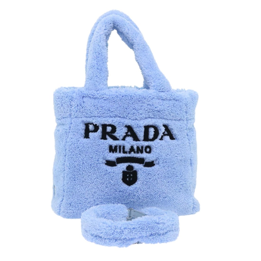 PRADA 2way Cotton Hand Bag Light Blue Black with Strap Dust Bag: PRADA 2way Cotton Hand Bag Light Blue Black with Strap Dust Bag PRADA Terry hand bag in light blue and black cotton, made in Italy. This 2-way women's bag comes with a shoulder strap and dust bag. It 