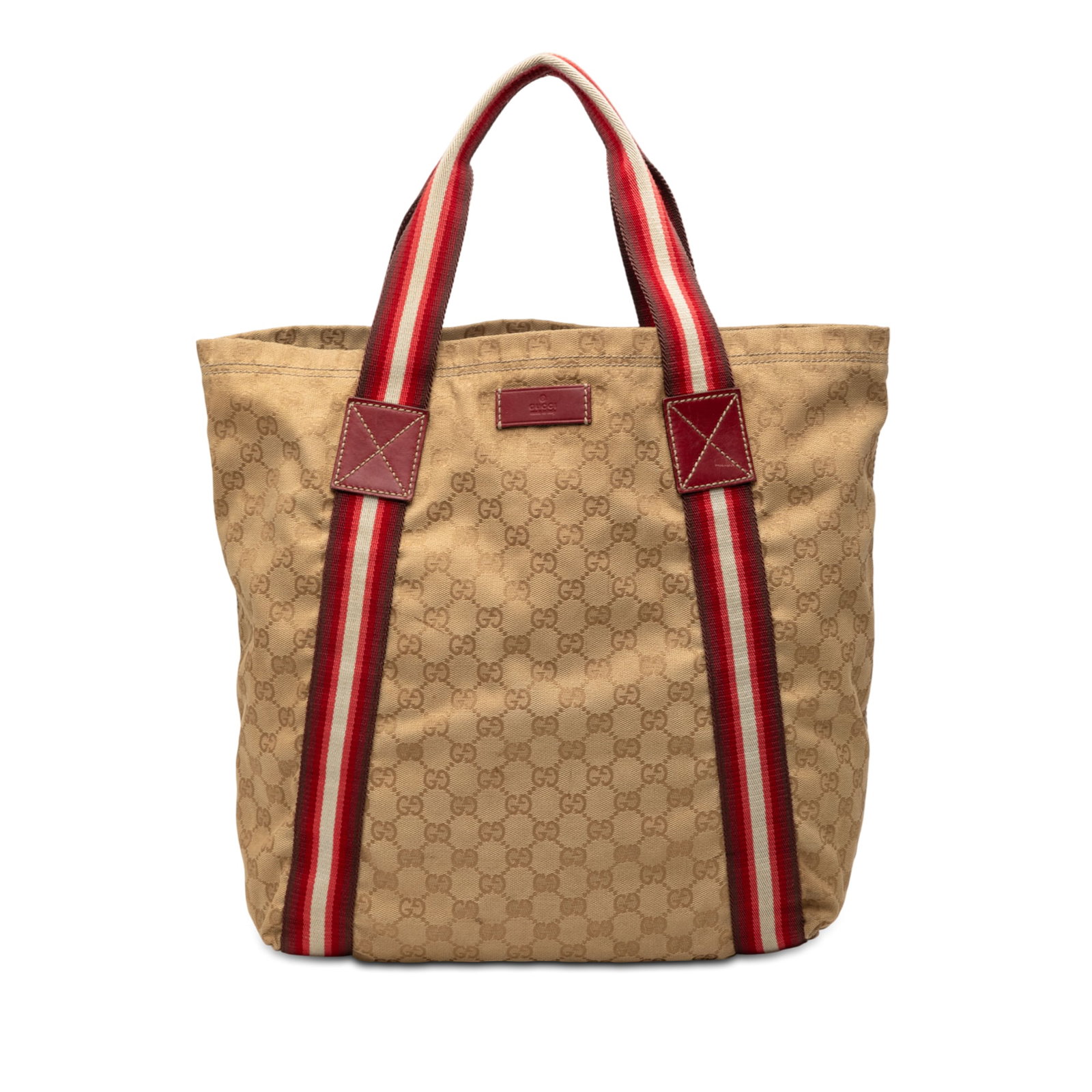 Gucci GG Canvas Web Tote Bag in Beige Fabric: Gucci GG Canvas Web Tote Bag in Beige Fabric This Gucci GG Canvas Web Tote features a beige fabric body with flat canvas straps. The bag is designed with an open top and includes interior slip pockets