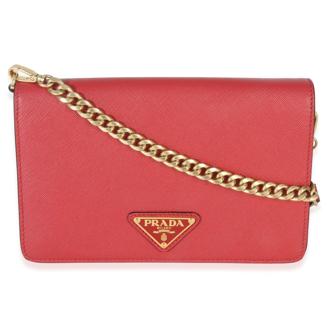 Prada Saffiano Red Mini Crossbody Wallet Bag: Prada Saffiano Red Mini Crossbody Wallet Bag This Prada Mini Crossbody features a striking red Saffiano leather exterior with the signature triangle logo. Designed for versatility, it comes with a gol