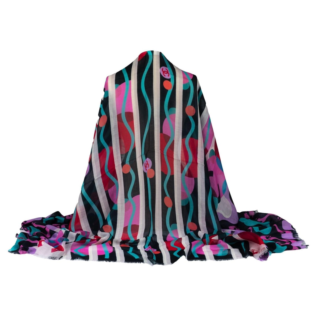 Chanel Multicolor Cashmere Shawl 52 x 78 in Italy: Chanel Multicolor Cashmere Shawl 52 x 78 in Italy Experience luxury with this Chanel multicolor cashmere shawl, crafted in Italy. The shawl features a stunning array of colors, perfect for adding eleg