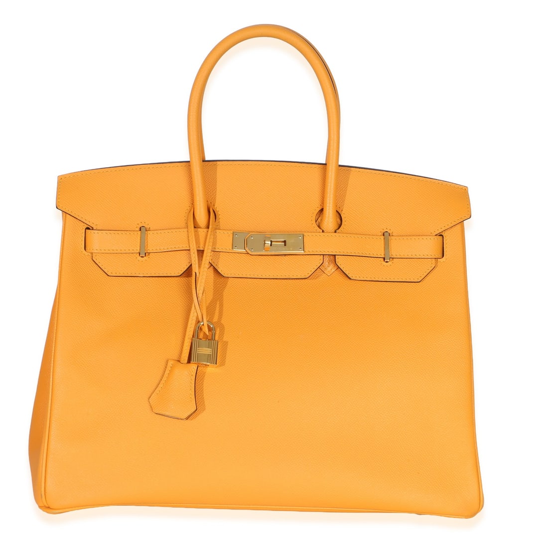 Hermes Birkin 35 Epsom Leather Top Handle Bag Jaune D'or: Hermes Birkin 35 Epsom Leather Top Handle Bag Jaune D'or Pre-owned Hermes Birkin 35 in Jaune D'or Epsom leather with a structured top-handle silhouette and turnlock closure. This unisex handbag is fin