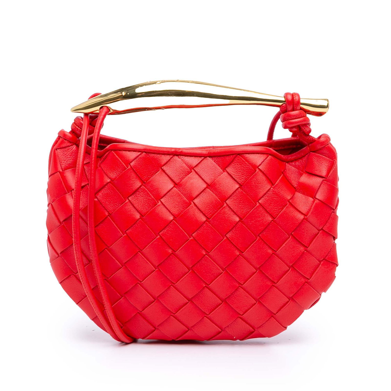Bottega Veneta Sardine Woven Baby Lambskin Red Satchel With Gold Handle: Bottega Veneta Sardine Woven Baby Lambskin Red Satchel With Gold Handle This Bottega Veneta Baby Lambskin Intrecciato Sardine satchel showcases a woven lambskin leather exterior in red, complemented b
