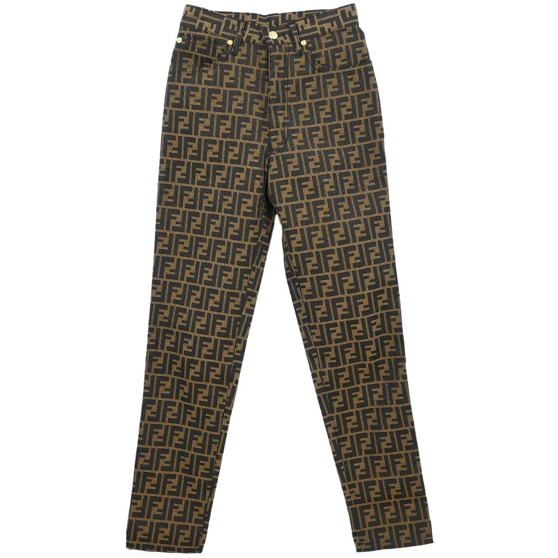 Fendi Zucca straight leg pants size 40 brown black: Fendi Zucca straight leg pants size 40 brown black Fendi women's casual pants in the Zucca pattern, made in Italy. This straight-leg style features a mid rise, zip closure, button accent, and five ext