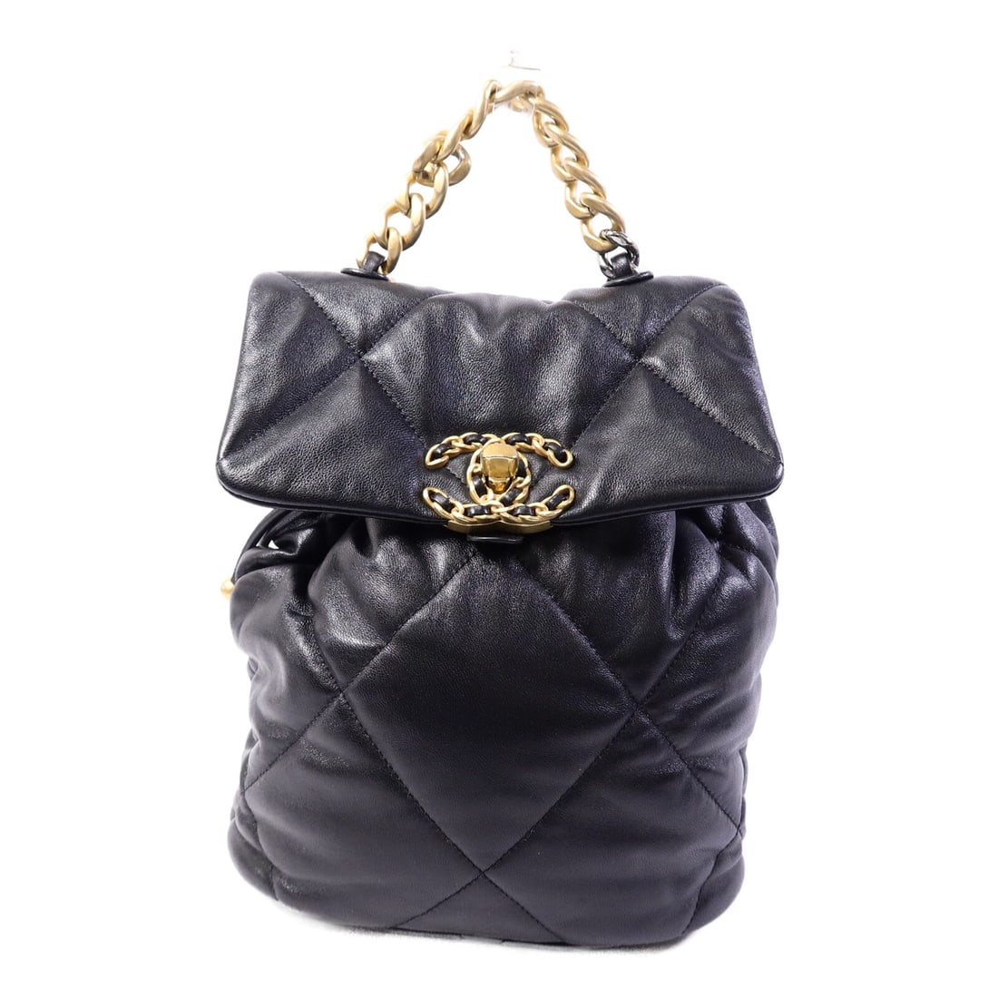 Black Lambskin Backpack CHANEL Chanel 19 AS4223 CC: Black Lambskin Backpack CHANEL Chanel 19 AS4223 CC A black Chanel 19 backpack made from lambskin (sheep leather). It features a turn lock closure and one inside zip pocket. The bag is in Very Good con