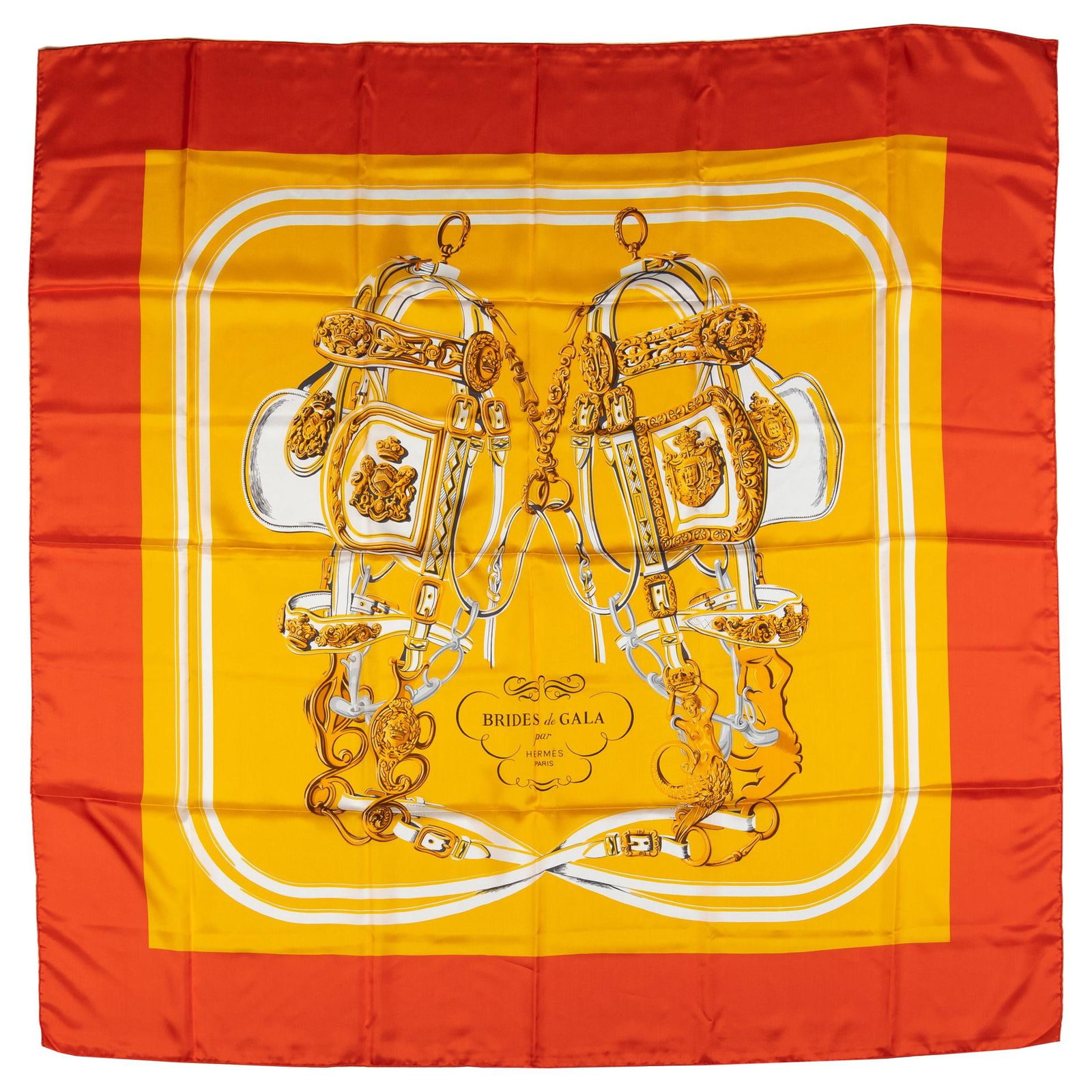 Hermes Brides De Gala Orange Yellow Silk Shawl 54": Hermes Brides De Gala Orange Yellow Silk Shawl 54" Elevate your accessory collection with this stunning Hermes Brides De Gala Silk Shawl, featuring a striking orange and yellow color palette. Measurin