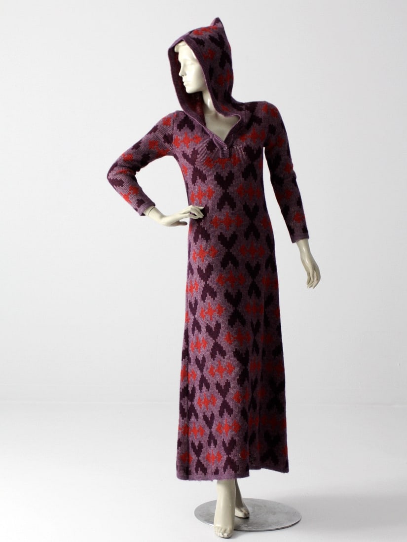 Vintage 1970s Surfer Style Knit Maxi Cover Up Purple Geometric Print (1 of 9)